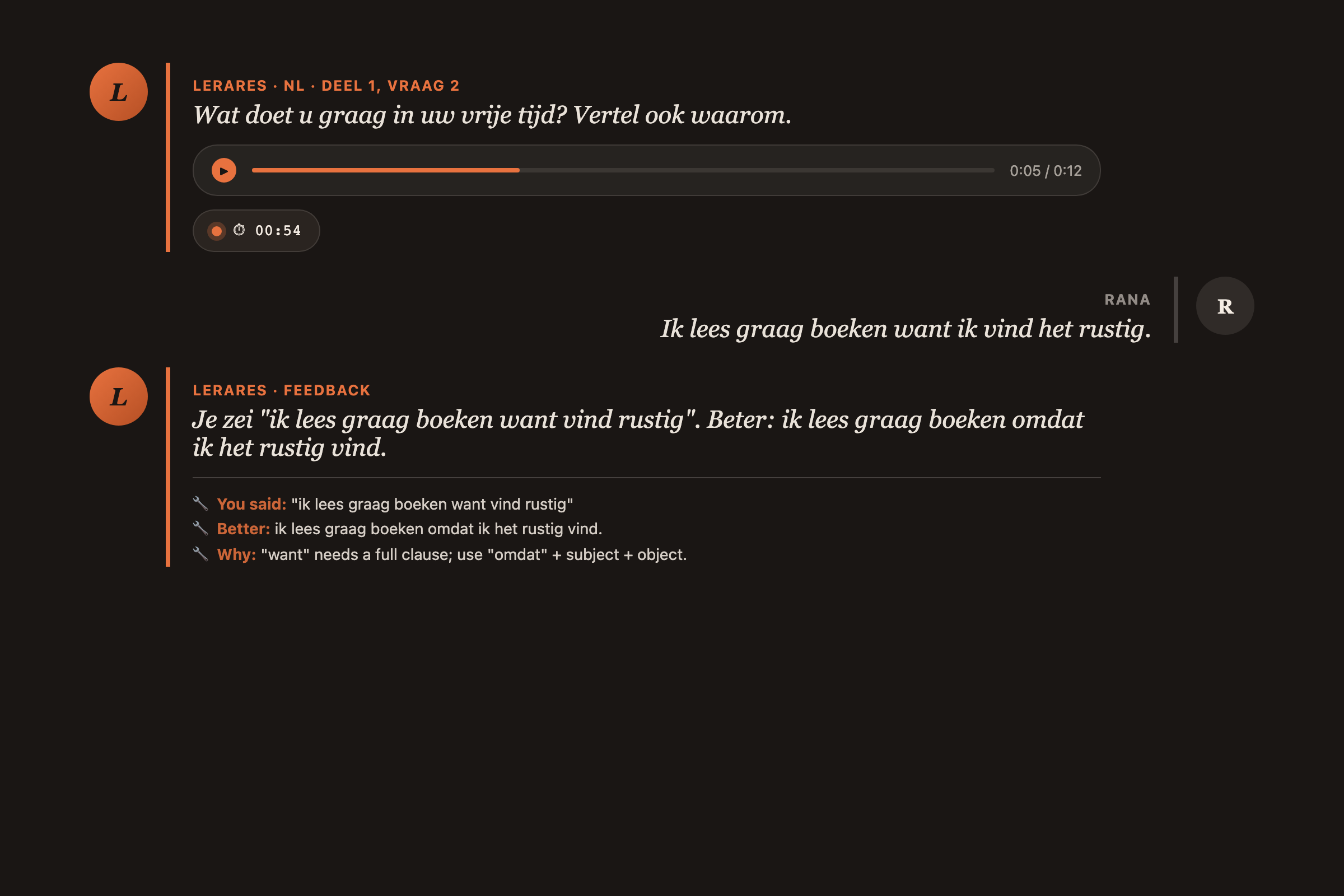 Screenshot of the A2 Easy practice interface showing an exam question with AI feedback in Dutch